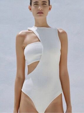 Baobab Collection White Asymmetric Cutout Ribbed Bodysuit